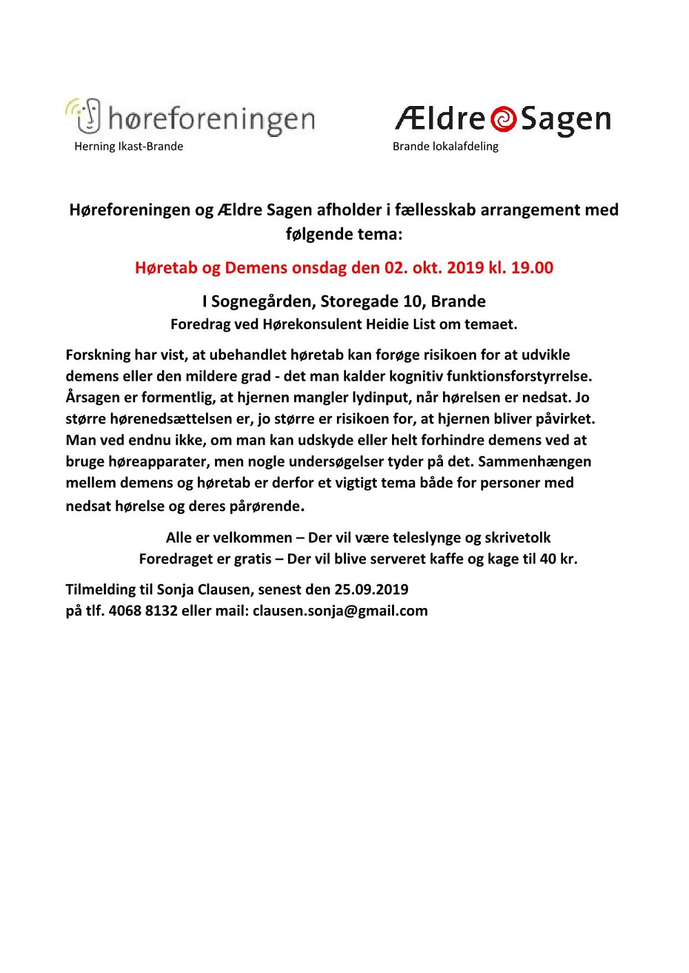Høretab og Demens onsdag den 02. okt. 2019 kl. 19.00