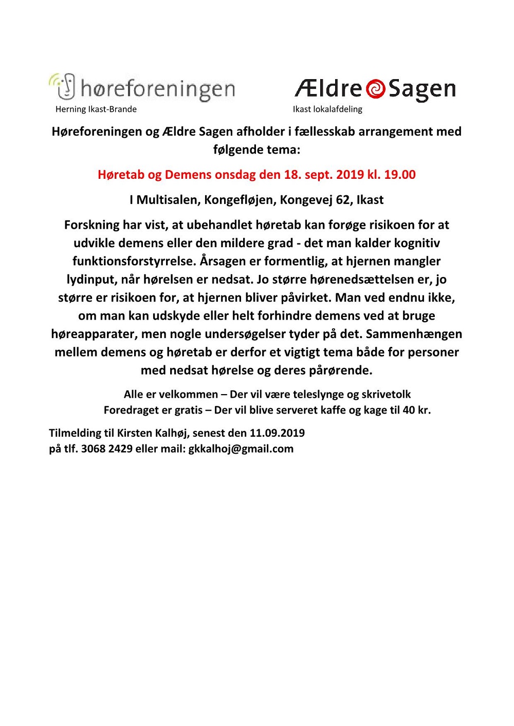 Høretab og Demens onsdag den 18. sept. 2019 kl. 19.00