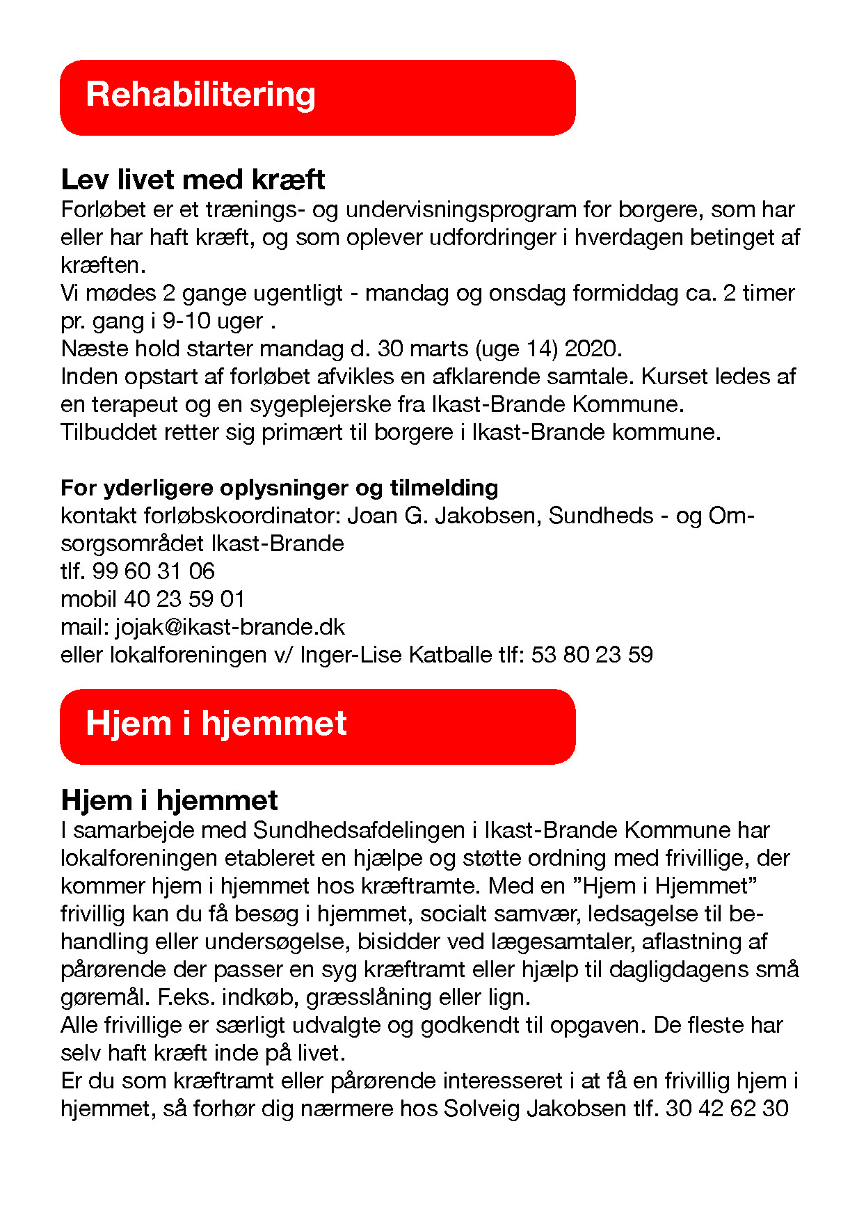 Kræftens Bekæmpelse Ikast-Brande Lokalforening – Aktivitetsprogram Forår 2020