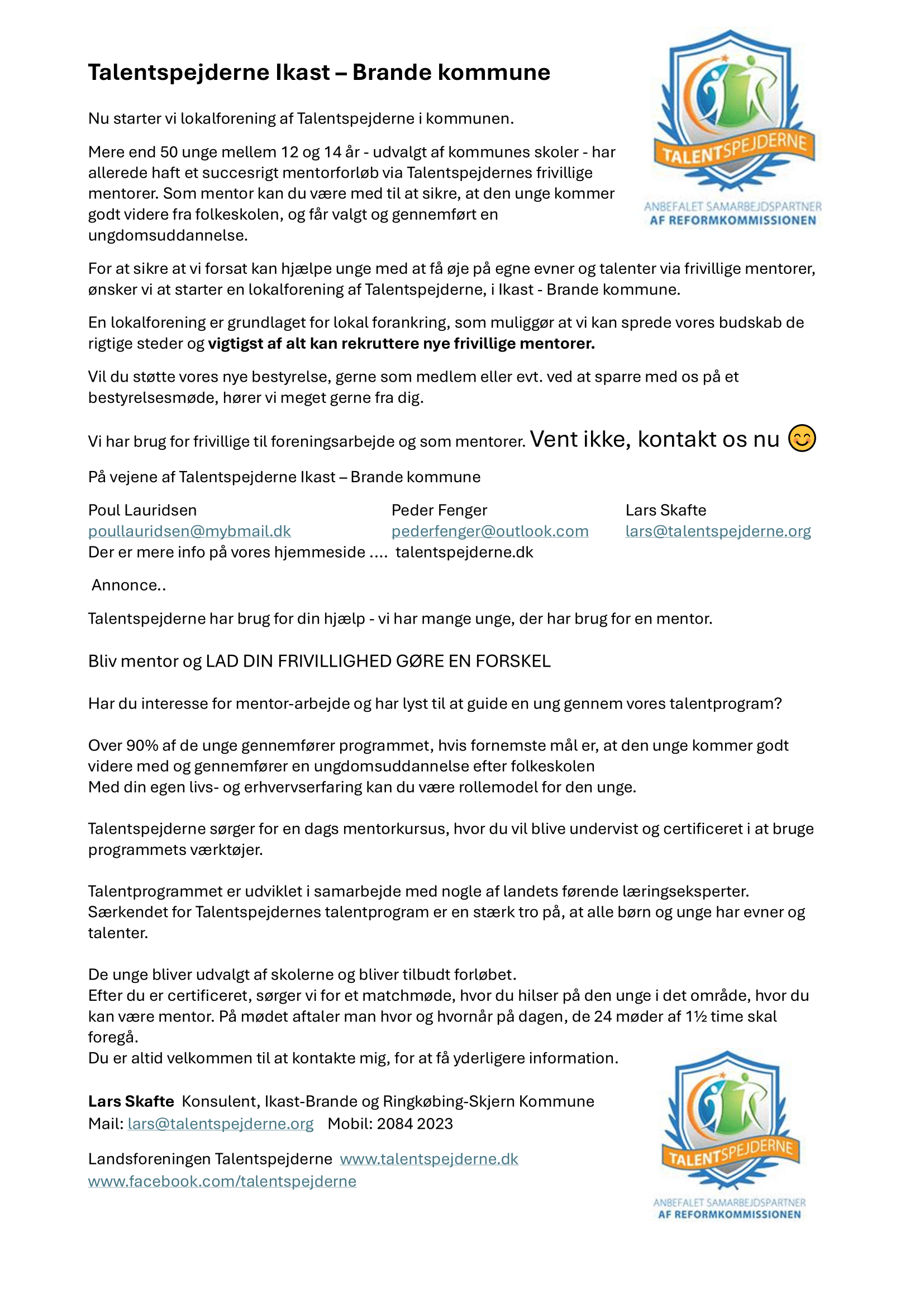 Talentspejderne opstarter lokalforening i Ikast-Brande
