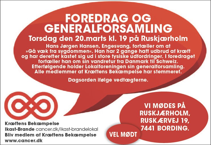 Kræftens Bekæmpelse foredrag og generalforsamling d. 20. marts 2025